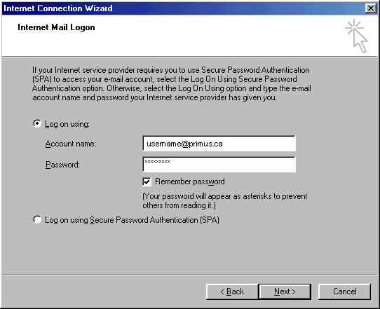 Internet Connection Wizard - Internet Mail Logon