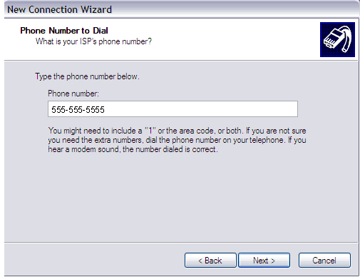 New Connection Wizard - Phone Number to Dial