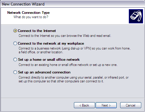 New Connection Wizard - Network Connection Type